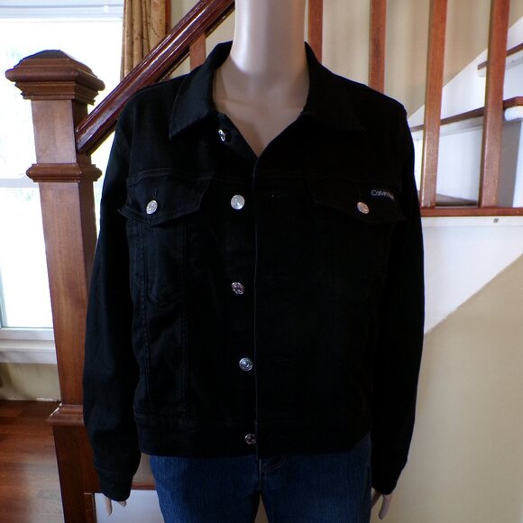Calvin Klein NWT Women's Denim Jacket Classic Trucker Jacket Black LARGE - Picture 1 of 12